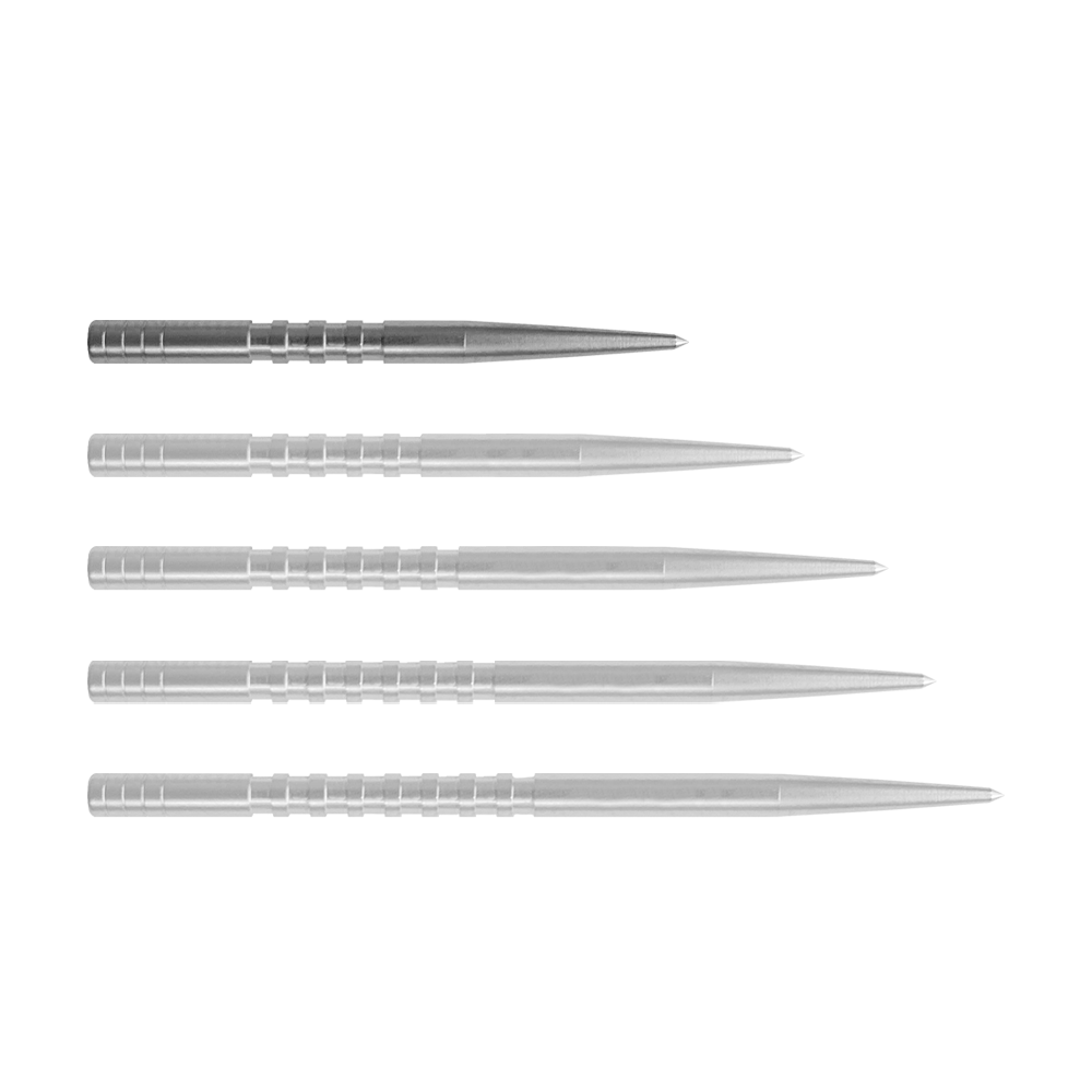 Condor Beak Point With Cut Dartspitzen Auf dem Bild sind fünf silberne Dartspitzen nebeneinander zu sehen. Sie haben eine gerade Form mit feinen Rillen im hinteren Bereich und einer spitzen Vorderseite.