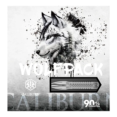 Caliburn Wolfpack W4 Steeldarts - 20g Das Bild zeigt die Verpackung der Caliburn Wolfpack W4 Steeldarts mit einem Wolf-Design. Auf der Verpackung steht, dass die Darts 20g wiegen und aus 90% Tungsten bestehen.