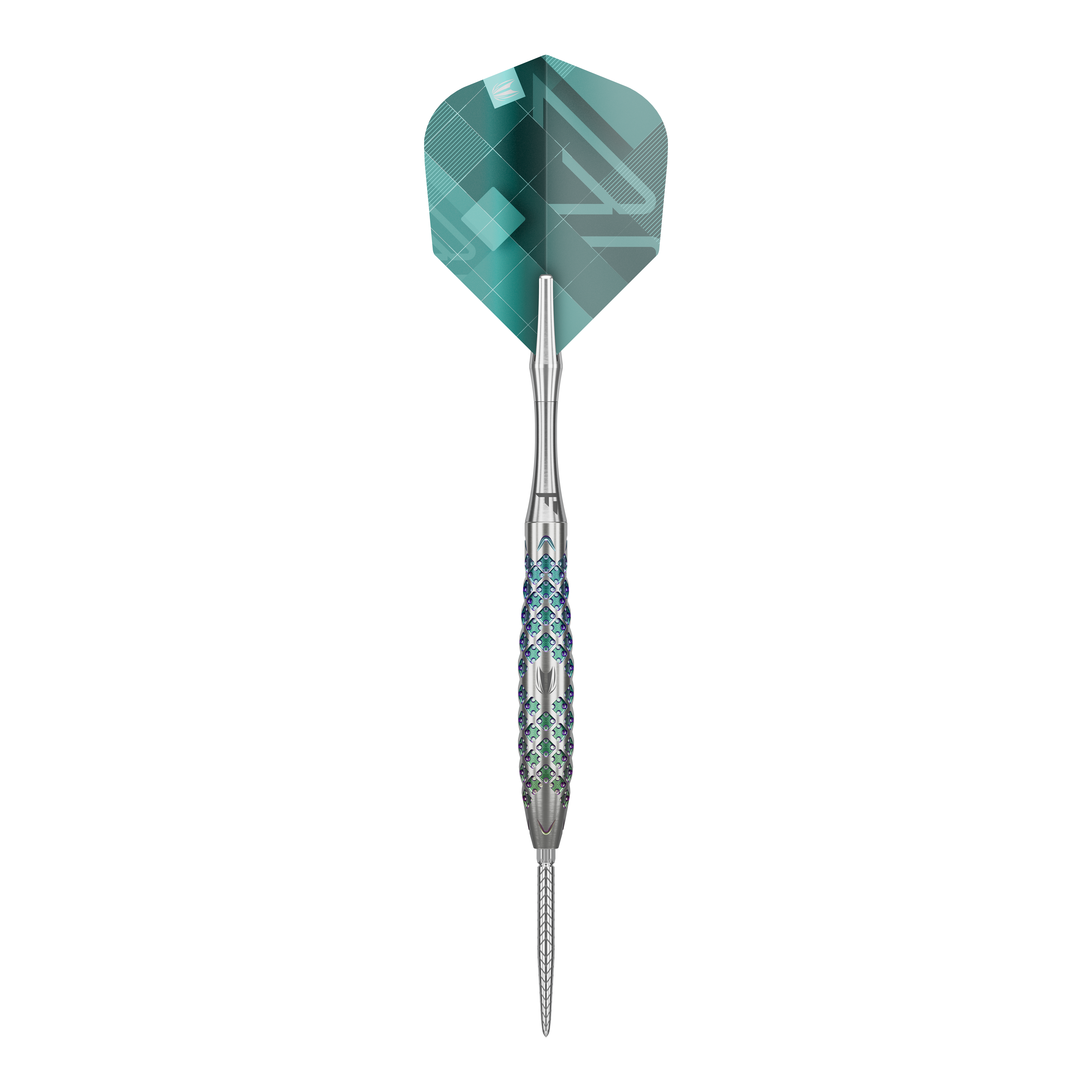 Target Rove 02 Swiss Point Steeldarts Das Bild zeigt einen Target Rove 02 Swiss Point Steeldart. Der Dartpfeil hat ein silbernes, strukturiertes Barrel und eine grün-blaue Flight.