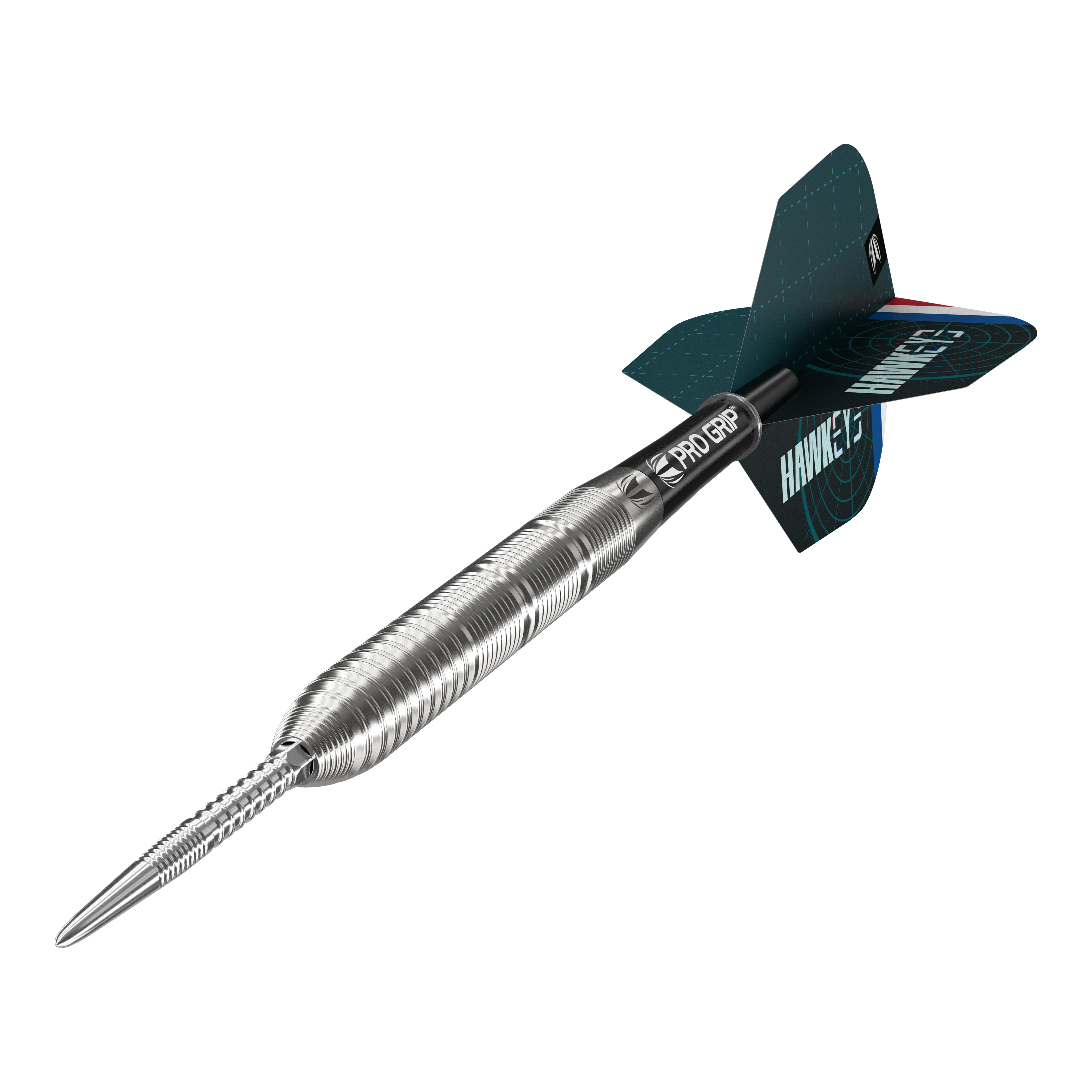 Target Kevin Doets GEN1 Swiss Point Steeldarts - 23g Das Bild zeigt einen Target Kevin Doets GEN1 Swiss Point Steeldart mit 23g Gewicht. Der Dartpfeil hat einen silbernen, geriffelten Barrel und moderne Flights in Blau und Schwarz.