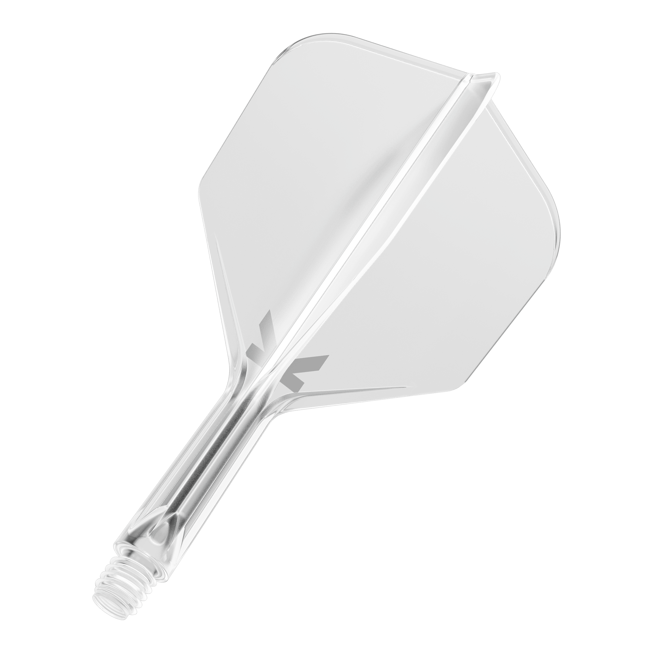 Target K-Flex No6 Flight-System - Clear Das Bild zeigt ein durchsichtiges Dart-Flightsystem mit einem integrierten Schaft. Es ist vor schwarzem Hintergrund abgebildet.