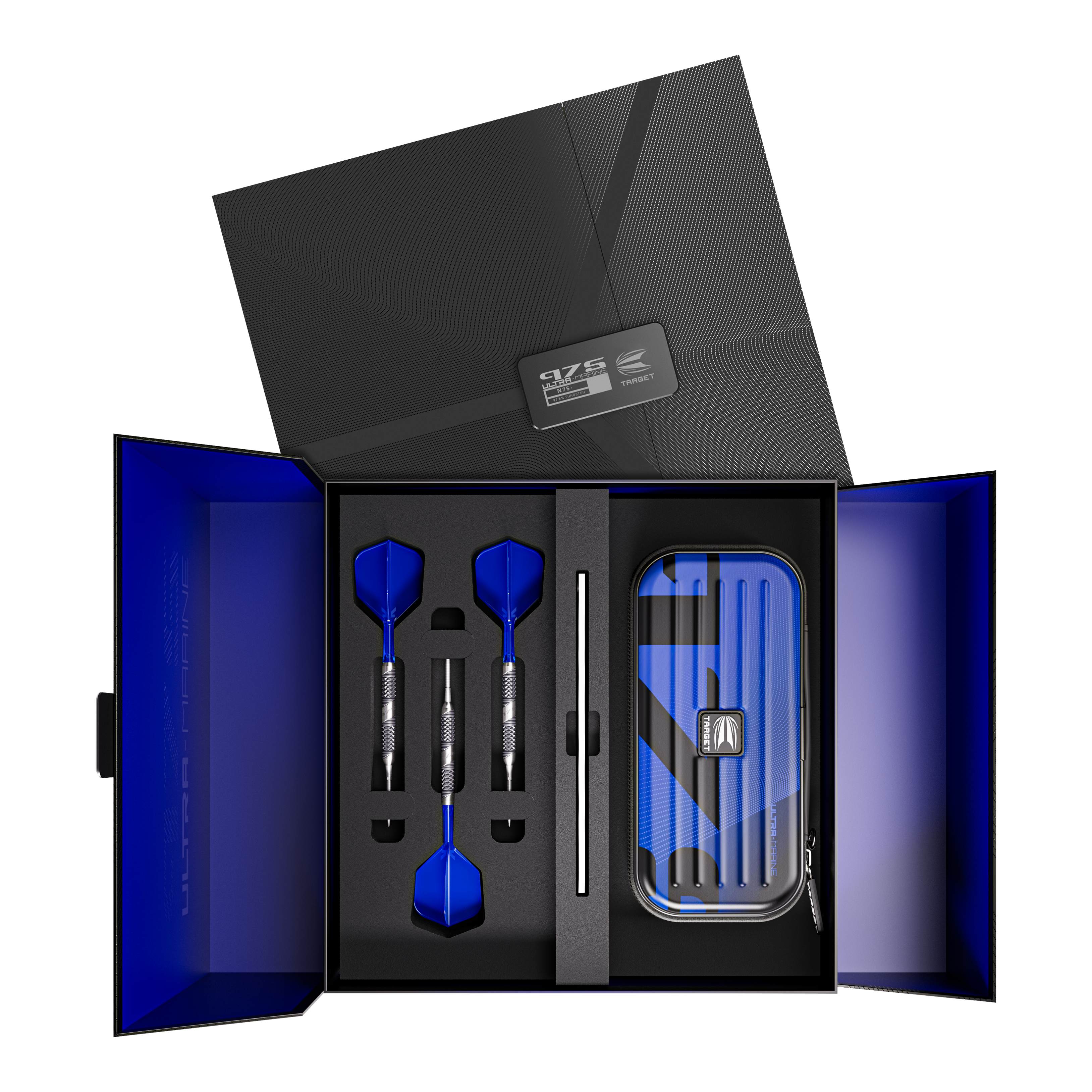 Target 975 Ultra Marine 02 Swiss Point Steeldarts Das Bild zeigt ein elegantes Dart-Set mit drei blauen Steeldarts, sorgfältig in einer Geschenkbox angeordnet. Rechts befindet sich ein passendes Etui im gleichen blauen Design.