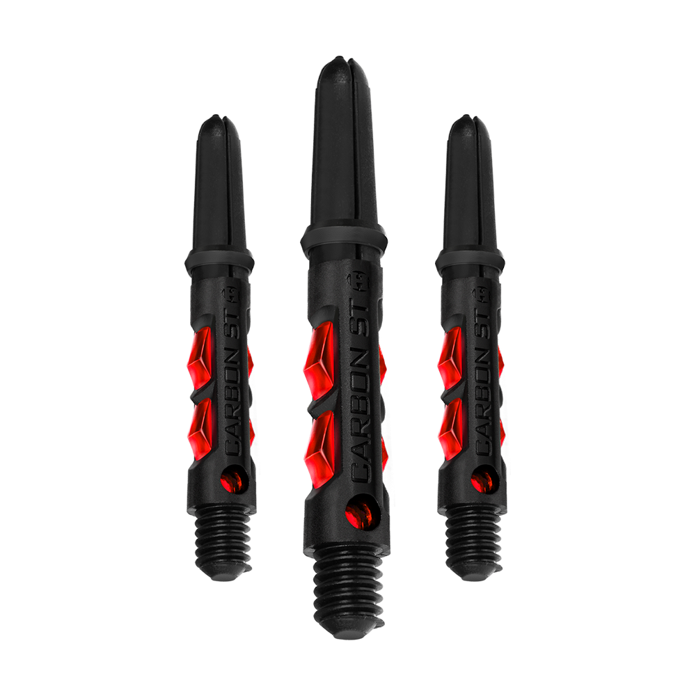 Das Bild zeigt drei schwarze Harrows Carbon ST Shafts mit roten Akzenten. Die Schäfte sind für Dartpfeile gedacht und haben ein modernes, stylisches Design.