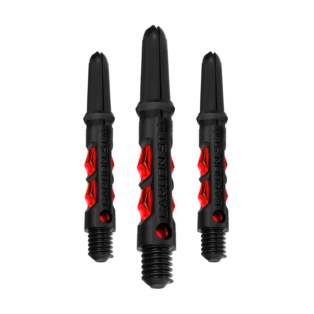 HR431_Harrows_Carbon_ST_Shafts_Rot_33mm_1 Das Bild zeigt drei schwarze Harrows Carbon ST Shafts mit roten Akzenten. Die Schäfte sind für Dartpfeile gedacht und haben ein modernes, stylisches Design.