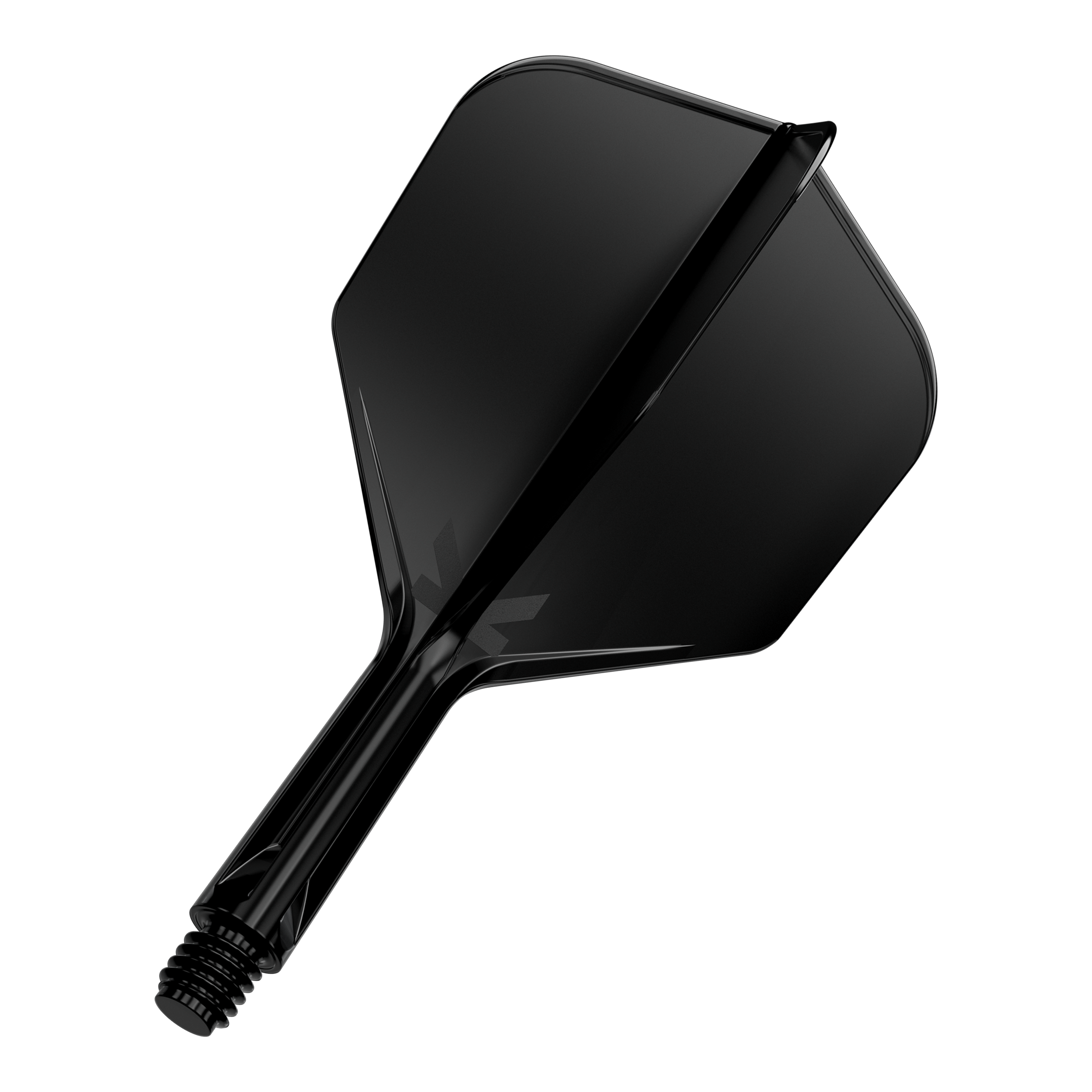Target K-Flex No6 Flight-System - Schwarz Das Bild zeigt eine schwarze Dartflügel- und Schaftkombination. Sie ist vor einem schwarzen Hintergrund dargestellt.