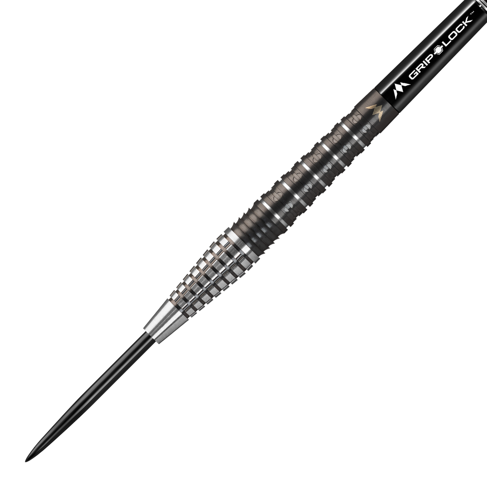 Mission Makara M2 Steeldarts - 23g Das Bild zeigt den "Mission Makara M2 Steeldart" mit einem Gewicht von 23 Gramm. Der Dartpfeil hat eine schwarze Spitze und einen geriffelten, silber-schwarzen Griffbereich.