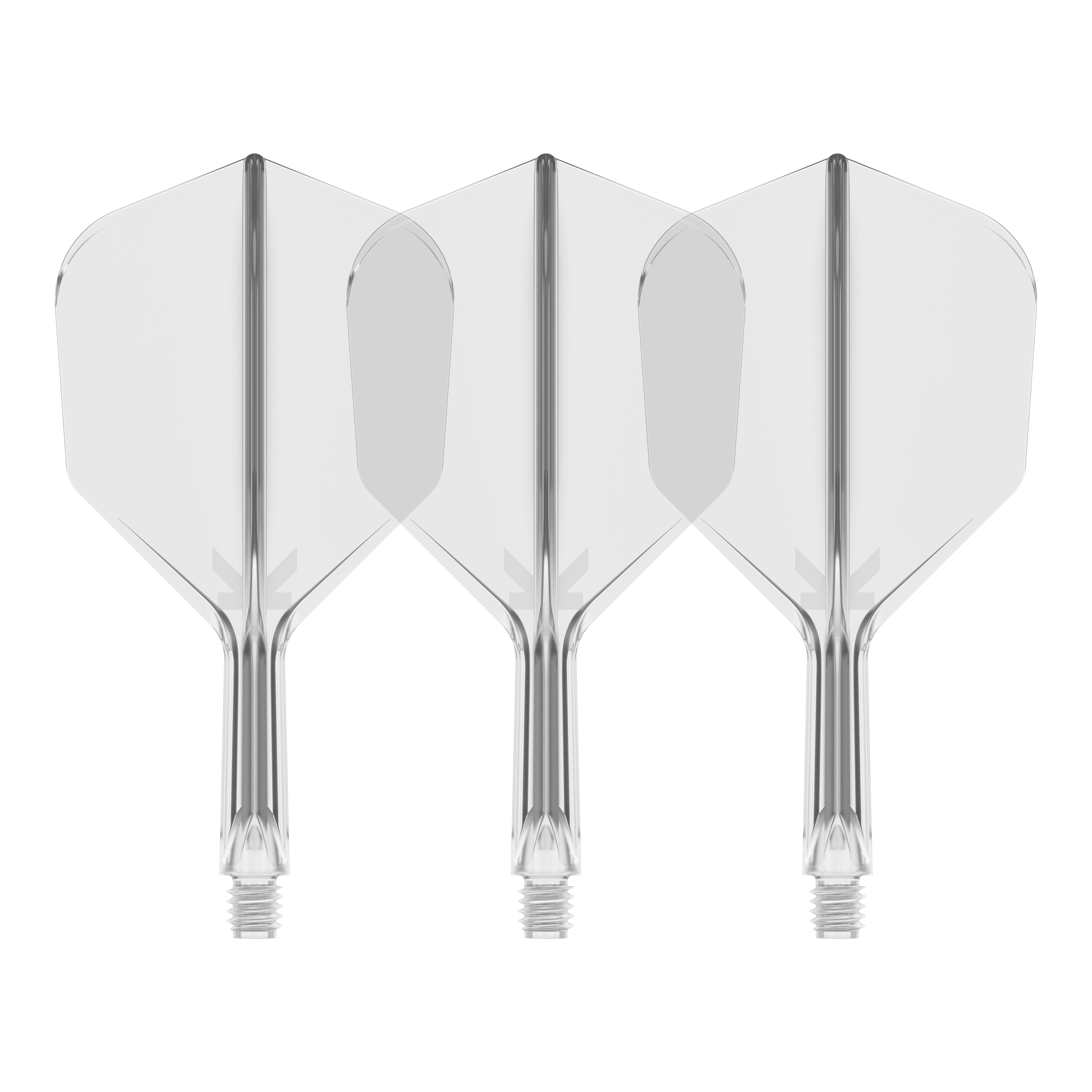 Target K-Flex No6 Flight-System - Clear Auf dem Bild sind drei durchsichtige Dartflights mit integriertem Schaft zu sehen. Sie stehen nebeneinander vor schwarzem Hintergrund.