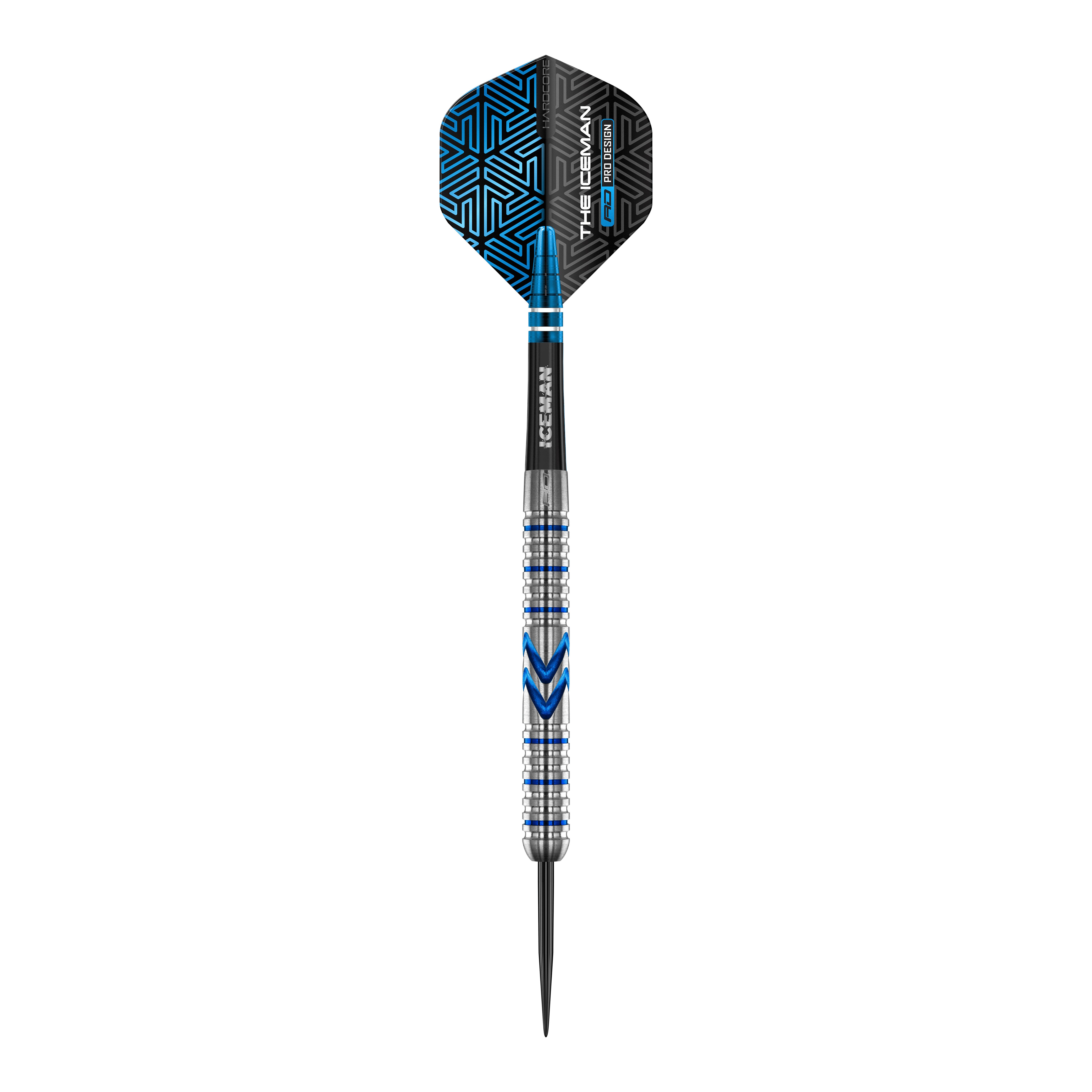 Das Bild zeigt einen Steeldart aus der Serie "Red Dragon Gerwyn Price Iceman Midnight Edition". Der Dart hat ein silbernes und blaues Design mit schwarzen Akzenten auf dem Flight.