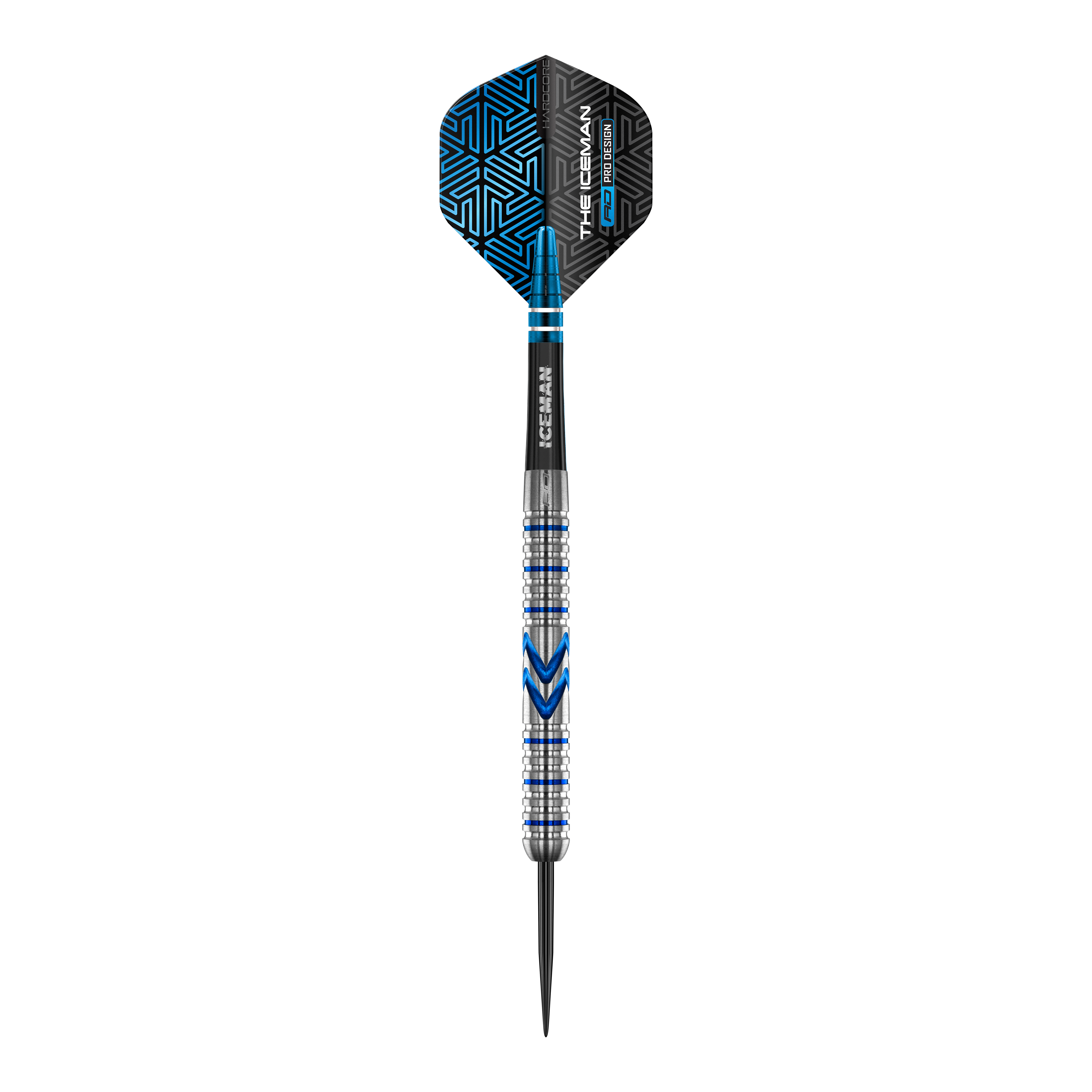 Red Dragon Gerwyn Price Iceman Midnight Edition Steeldarts Das Bild zeigt einen Steeldart aus der Serie "Red Dragon Gerwyn Price Iceman Midnight Edition". Der Dart hat ein silbernes und blaues Design mit schwarzen Akzenten auf dem Flight.