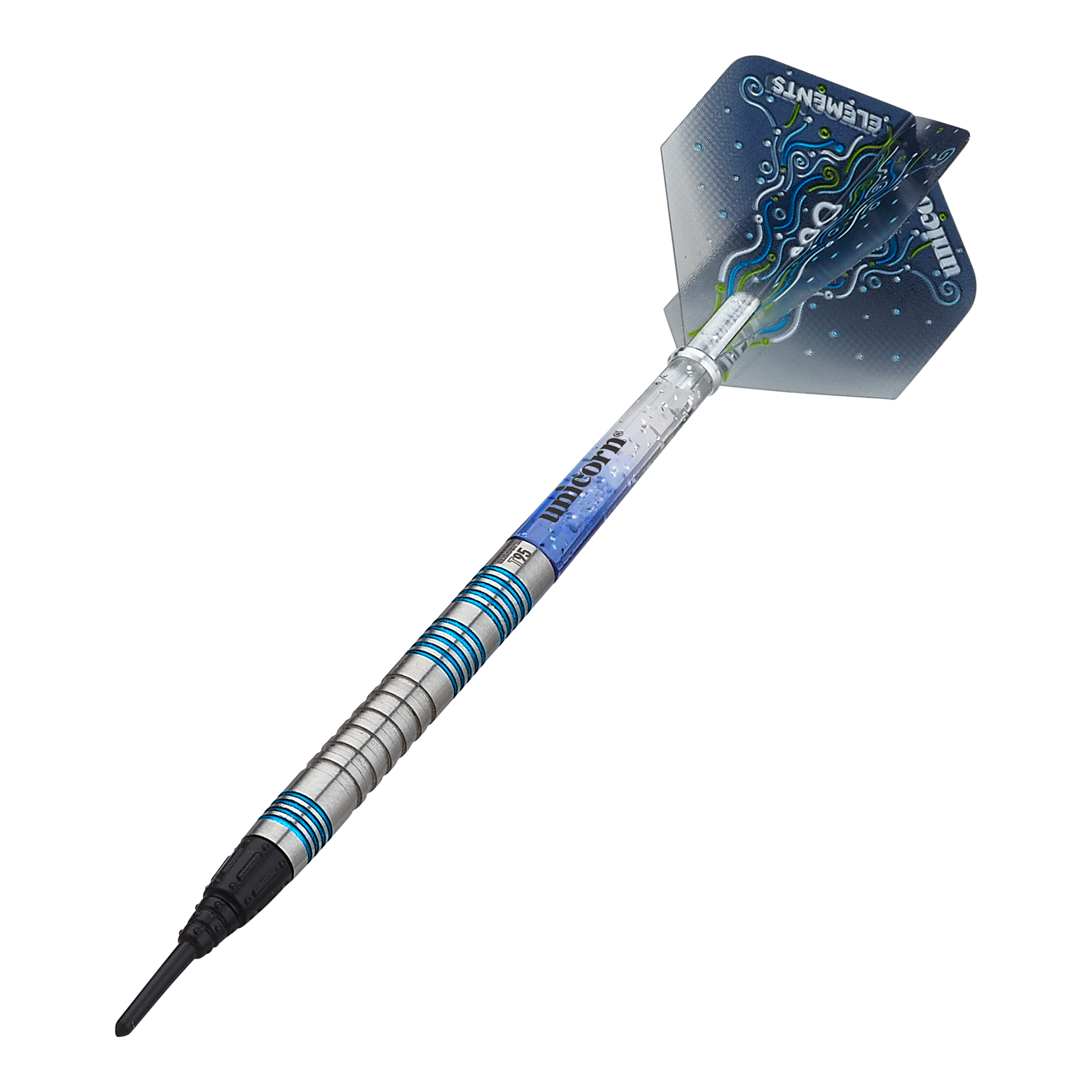 Das Bild zeigt einen Unicorn T95 Core XL Blue Softdart. Der Dartpfeil hat ein silber-blaues Design mit auffälligen blauen Akzenten und einer verzierten Flights.