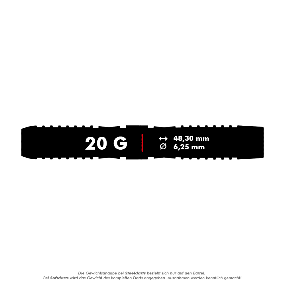 Red Dragon Panterra Softdarts - 20g Das Bild zeigt die Produktangaben für die Red Dragon Panterra Softdarts mit einem Gewicht von 20 Gramm. Die Darts sind 48,30 mm lang und haben einen Durchmesser von 6,25 mm.