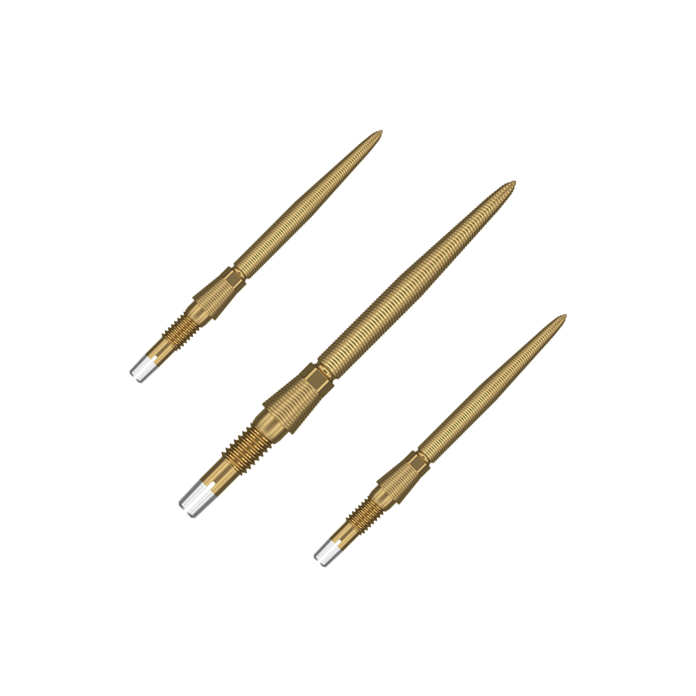 Das Bild zeigt drei goldene Dartspitzen, die nebeneinander liegen. Sie haben ein geriffeltes Design und metallische Enden zum Einschrauben.