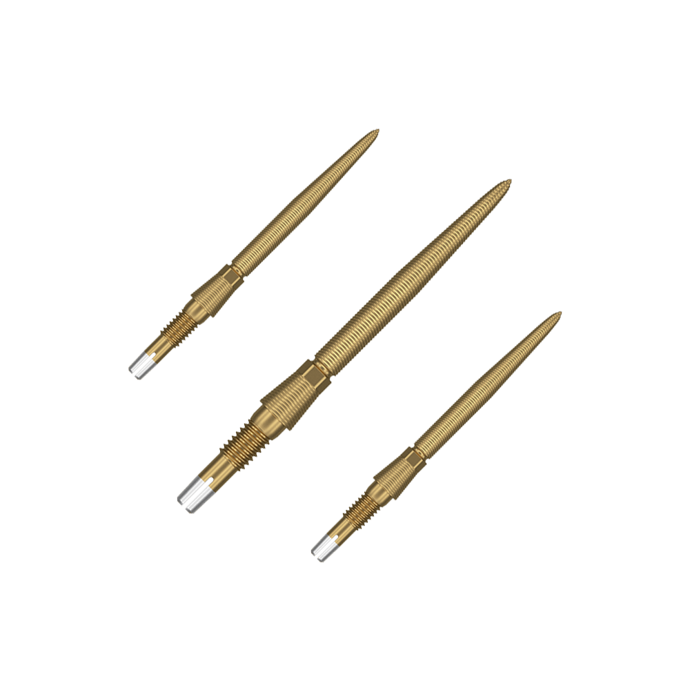 Target Swiss Storm Nano Point Dartspitzen - Gold Das Bild zeigt drei goldene Dartspitzen, die nebeneinander liegen. Sie haben ein geriffeltes Design und metallische Enden zum Einschrauben.