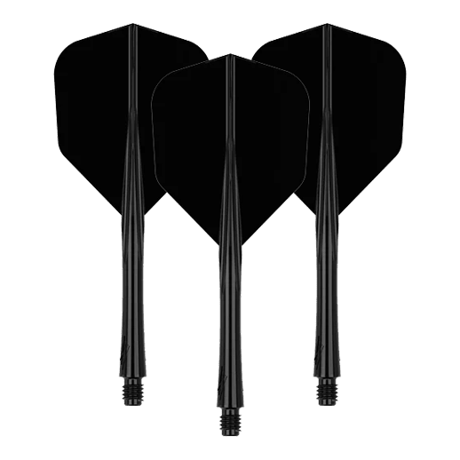 Caliburn SUP Lite No6 Flight-Shaft-System Das Bild zeigt drei schwarze Dart-Flights mit Schäften. Sie sind in einer aufrechten Position nebeneinander angeordnet.