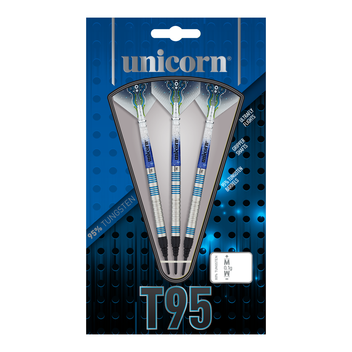 Das Bild zeigt die Verpackung der "Unicorn T95 Core XL Blue Softdarts". In der Packung sind drei silber-blaue Softdarts mit 95% Tungsten-Anteil zu sehen.