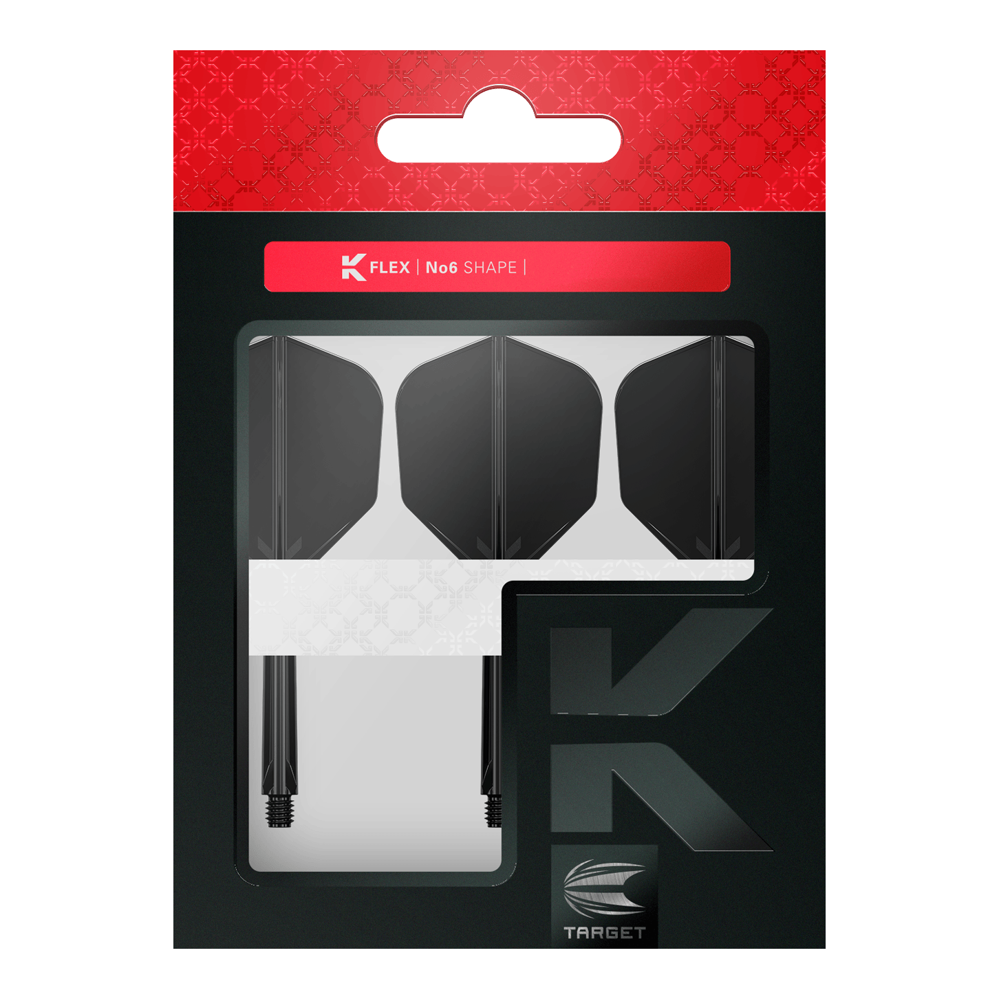 Das Bild zeigt eine Verpackung mit drei schwarzen Dartflights und Schäften. Die Marke „TARGET“ und die Produktbezeichnung „K FLEX No6 SHAPE“ sind auf der Packung zu sehen.