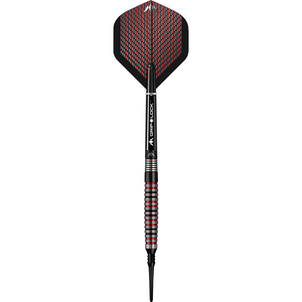 Mission Red Dawn Model 3 Softdarts - 20g Dies ist ein Softdart aus der Serie "Mission Red Dawn Model 3" mit einem Gewicht von 20 Gramm. Der Dart hat ein elegantes Design mit schwarzen, roten und silbernen Akzenten.