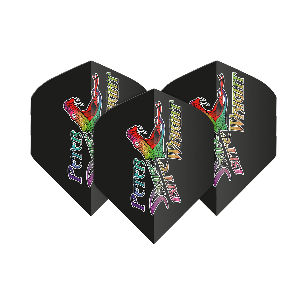 Das Bild zeigt drei schwarze Dart-Flights mit buntem Schlangenmotiv und der Aufschrift "Peter Snakebite Wright". Die Flights sind als Produkt "Red Dragon Peter Wright Snakebite Black Standard Flights" bekannt.