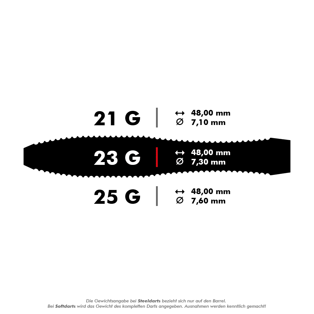 Harrows Anniversary Edition V-Wing Steeldarts Das Bild zeigt die Spezifikationen von Steeldarts mit den Gewichten 21 g, 23 g und 25 g. Länge und Durchmesser der Darts sind jeweils angegeben, wobei alle Darts 48,00 mm lang sind und sich im Durchmesser unterscheiden.