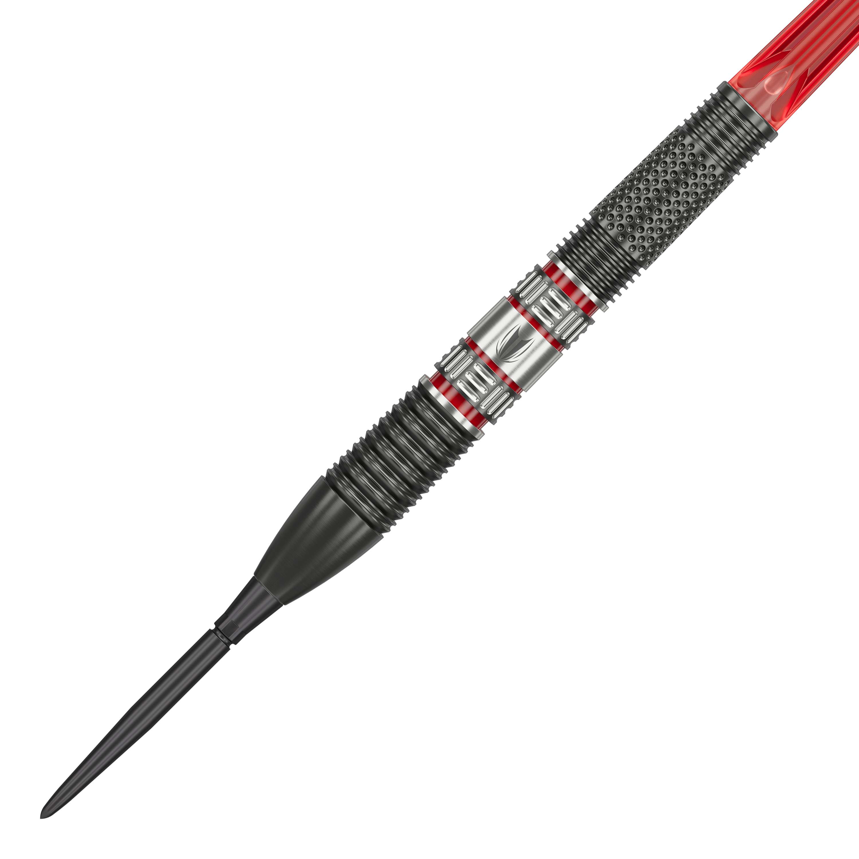 Target Gabriel Clemens 95K Swiss Point Steeldarts Das Bild zeigt einen Target Gabriel Clemens 95K Swiss Point Steeldart. Der Dart hat ein modernes Design mit schwarzen, silbernen und roten Akzenten.