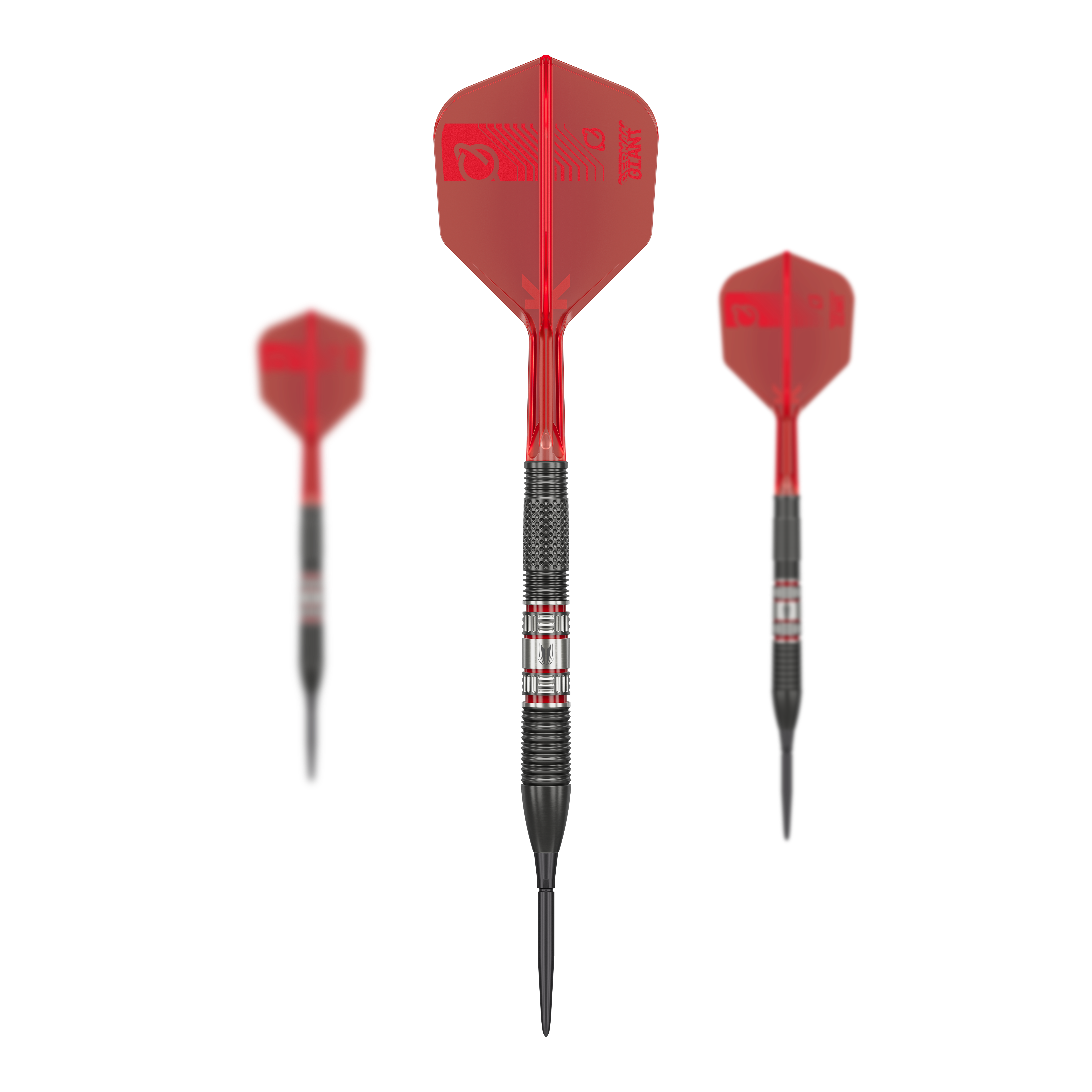 Target Gabriel Clemens 95K Swiss Point Steeldarts Das Bild zeigt drei Steeldarts des Modells „Target Gabriel Clemens 95K Swiss Point“. Die Darts haben schwarze Spitzen, schwarze Griffbereiche und rote Flights.