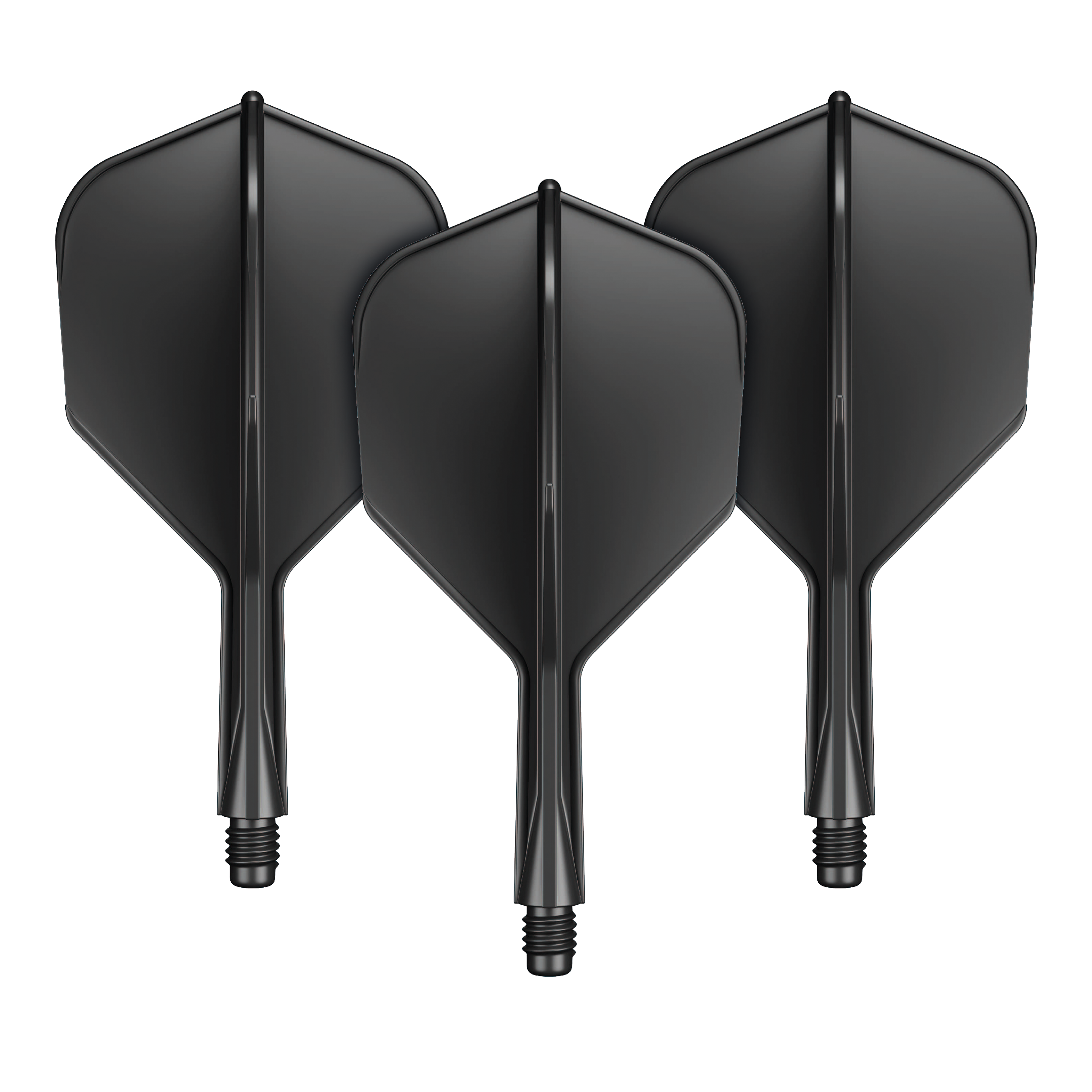GOAT A1R No6 Flight-Shaft-System - Schwarz Das Bild zeigt drei schwarze Dart-Flights mit integriertem Shaft. Sie sind nebeneinander angeordnet und verfügen über einen kurzen Schaft mit Schraubgewinde.