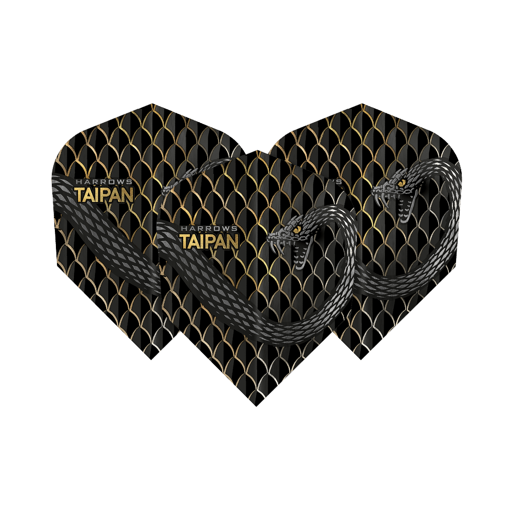 HR25_Harrows_Taipan_Gold_Standard_Flights_1rWBzLDPpGAqsg Das Bild zeigt drei Harrows Taipan Standard Flights für Darts. Die Flights haben ein schwarzes und goldenes Schuppenmuster mit einem Schlangenmotiv.