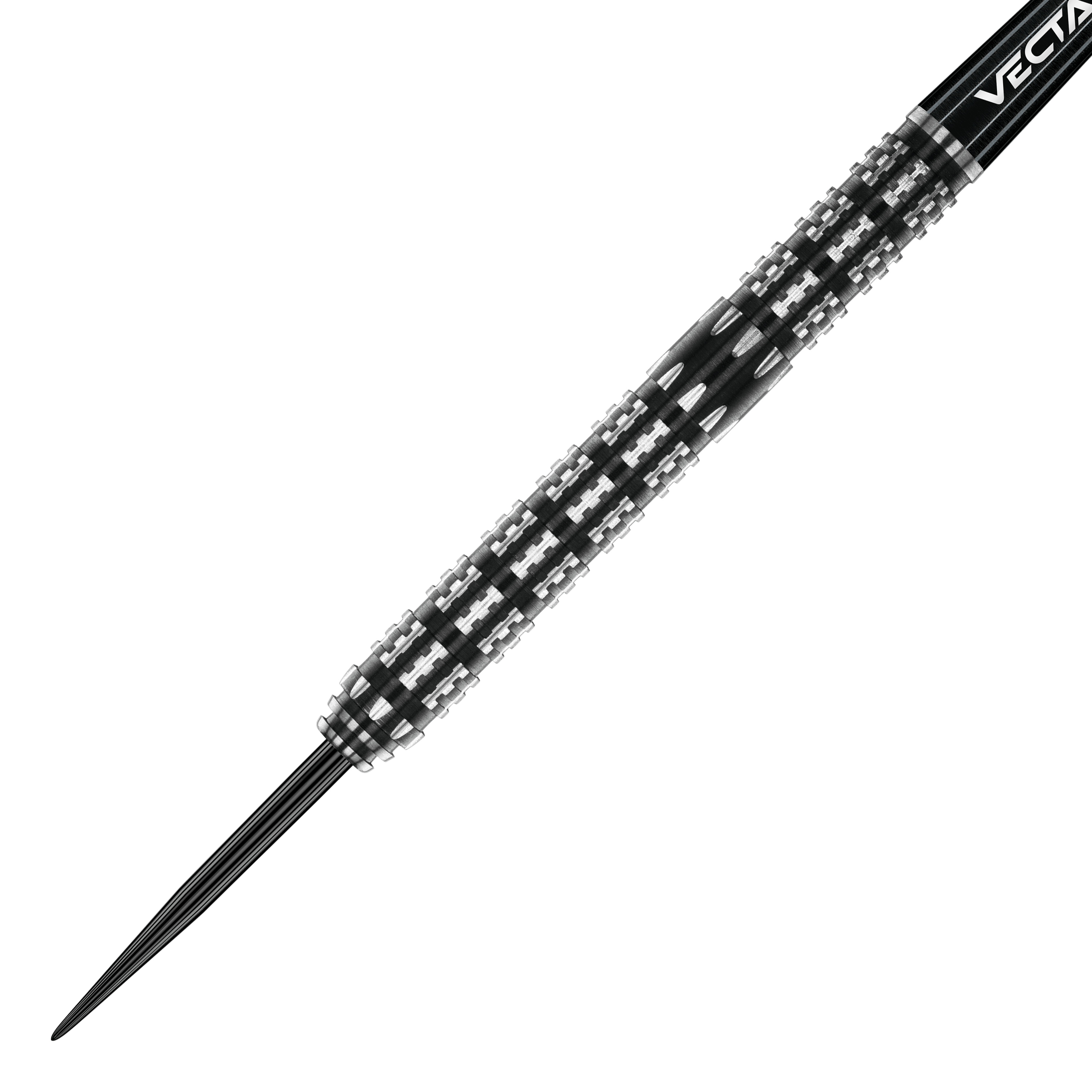 Auf dem Bild ist ein Winmau Leonard Gates Steeldart zu sehen. Der Dartpfeil hat ein silbernes und schwarzes, strukturiertes Griffdesign.