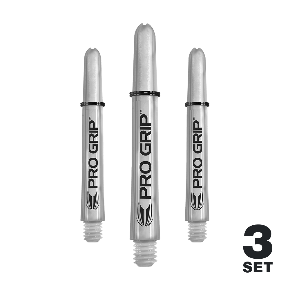 Target Pro Grip Shafts - 3 Sets - Transparent Das Bild zeigt drei transparente Pro Grip Shafts für Darts. In der unteren rechten Ecke steht "3 Set", was auf ein Set von drei Stück hinweist.