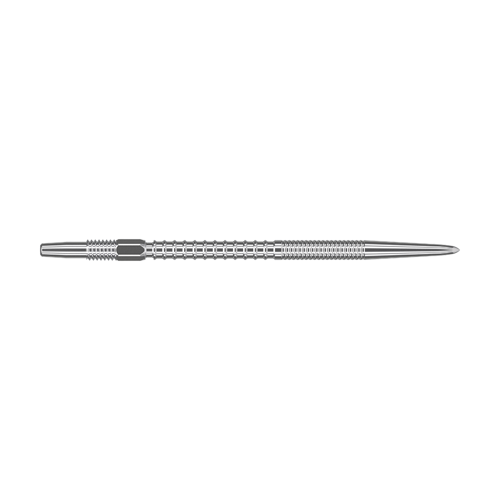 Target Swiss Firepoint Silver Dartspitzen Das Bild zeigt eine silberne Dartspitze mit einem gerillten, strukturierten Design. Sie ist lang und schmal, mit einer spitzen Spitze am rechten Ende.