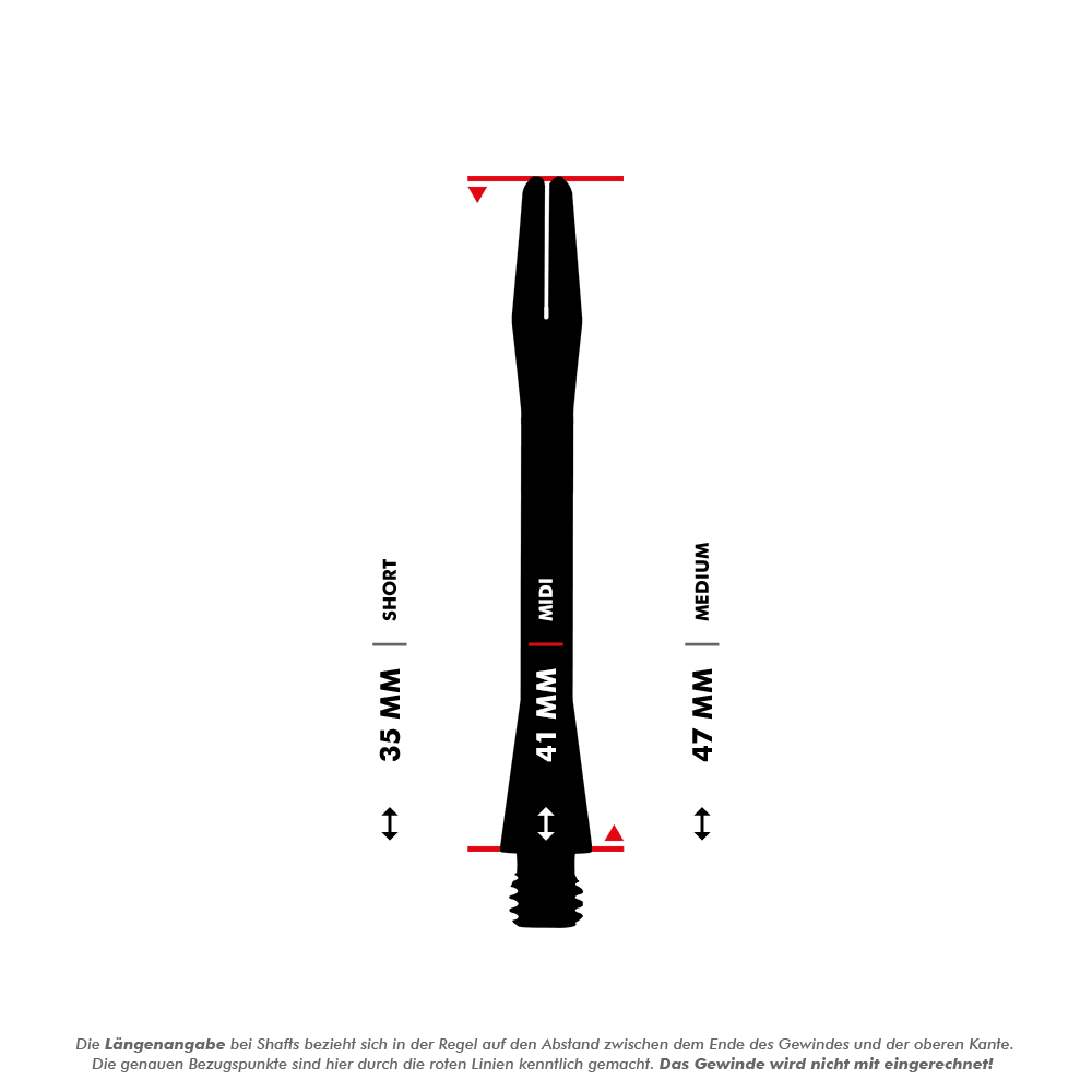 Das Bild zeigt die Harrows Keramic Shafts in Weiß in drei verschiedenen Längen. Die Längen sind mit 35 mm (Short), 41 mm (Midi) und 47 mm (Medium) angegeben.