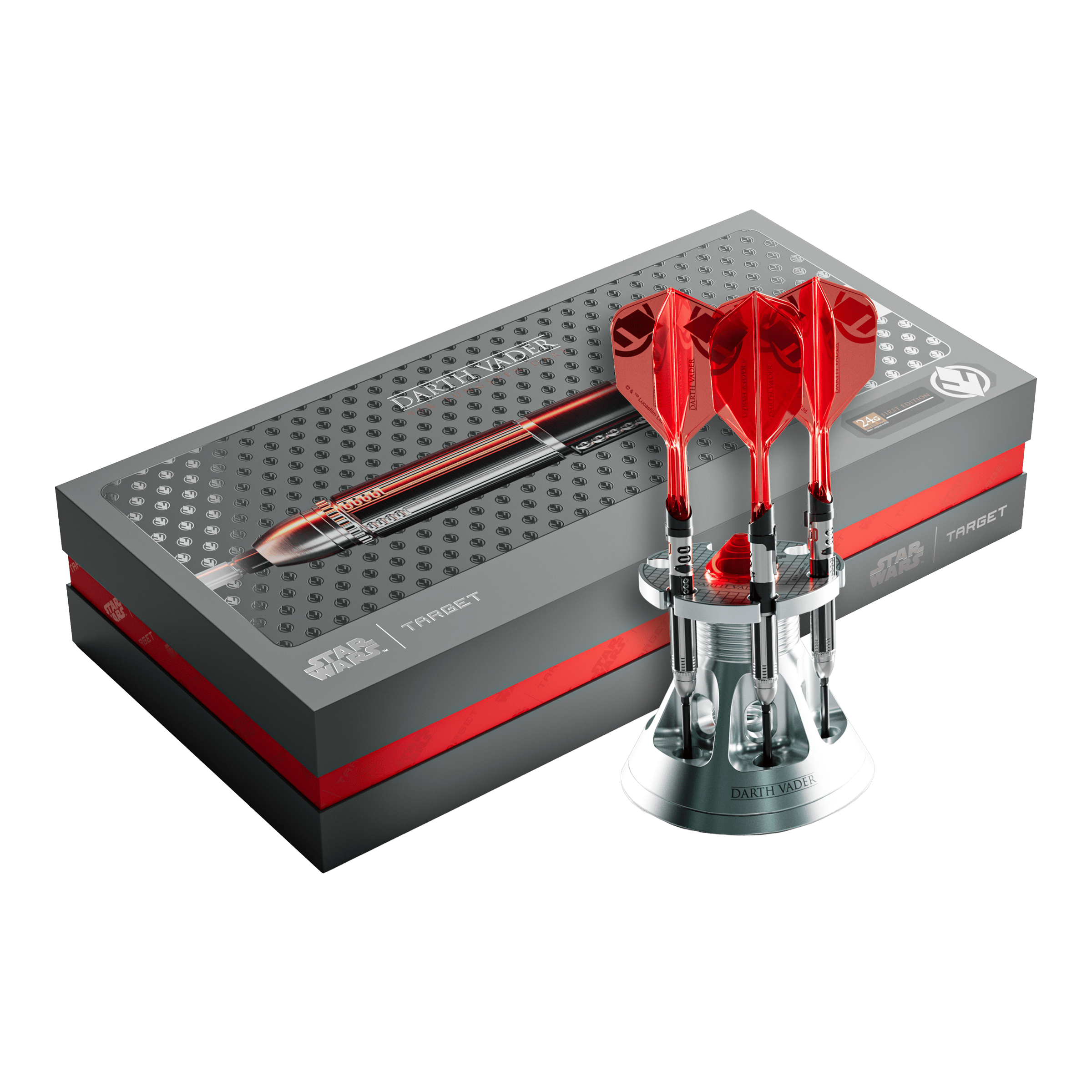 Das Foto stellt die Target Star Wars Darth Vader Light Saber Limited Edition Steeldarts - 24g dar. Die Dartpfeile sind von Darth Vader und seinem Lichtschwert inspiriert.