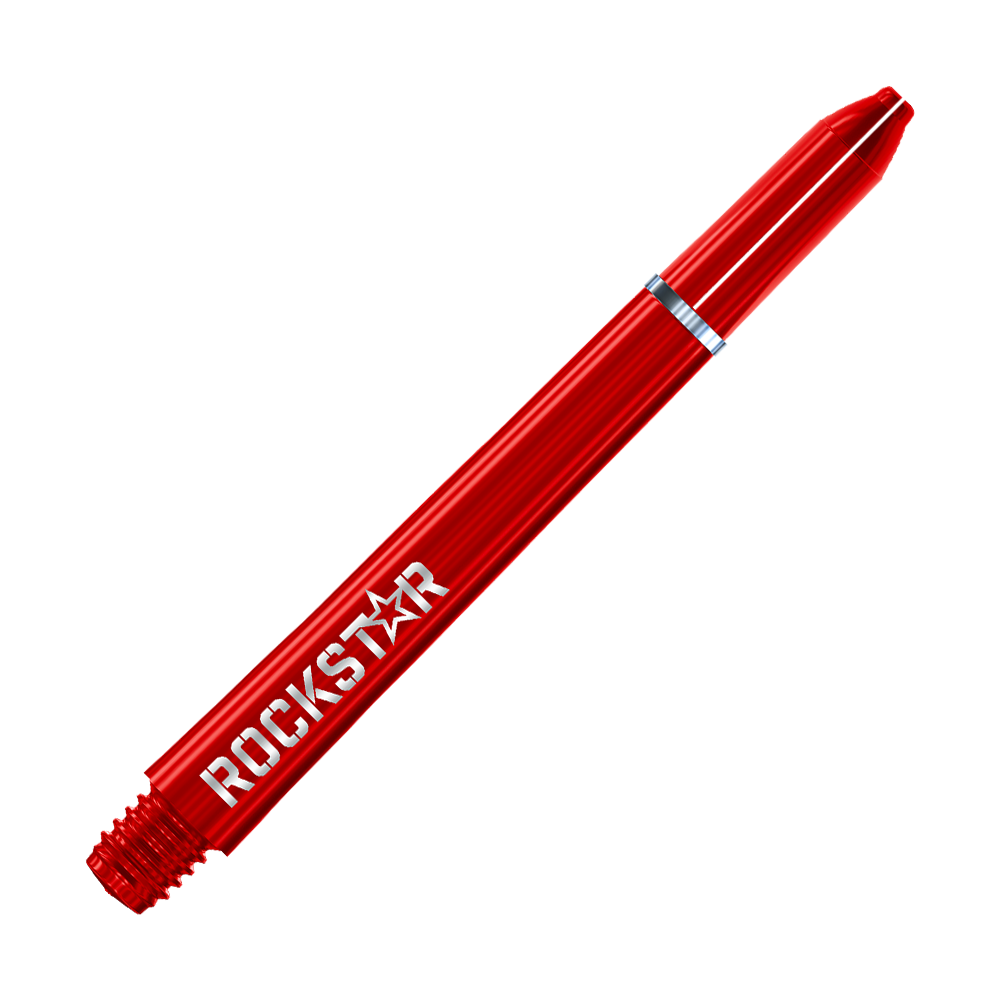 Auf dem Bild ist ein roter Dart-Schaft aus Nylon zu sehen. Auf dem Schaft steht das Wort "ROCKSTAR" in weißen Buchstaben.