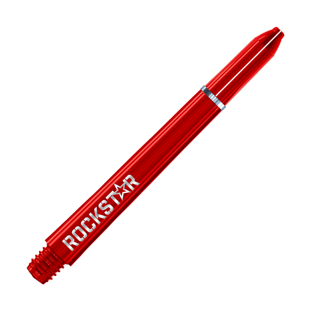 Winmau Joe Cullen Rockstar Nylon Shafts Auf dem Bild ist ein roter Dart-Schaft aus Nylon zu sehen. Auf dem Schaft steht das Wort "ROCKSTAR" in weißen Buchstaben.
