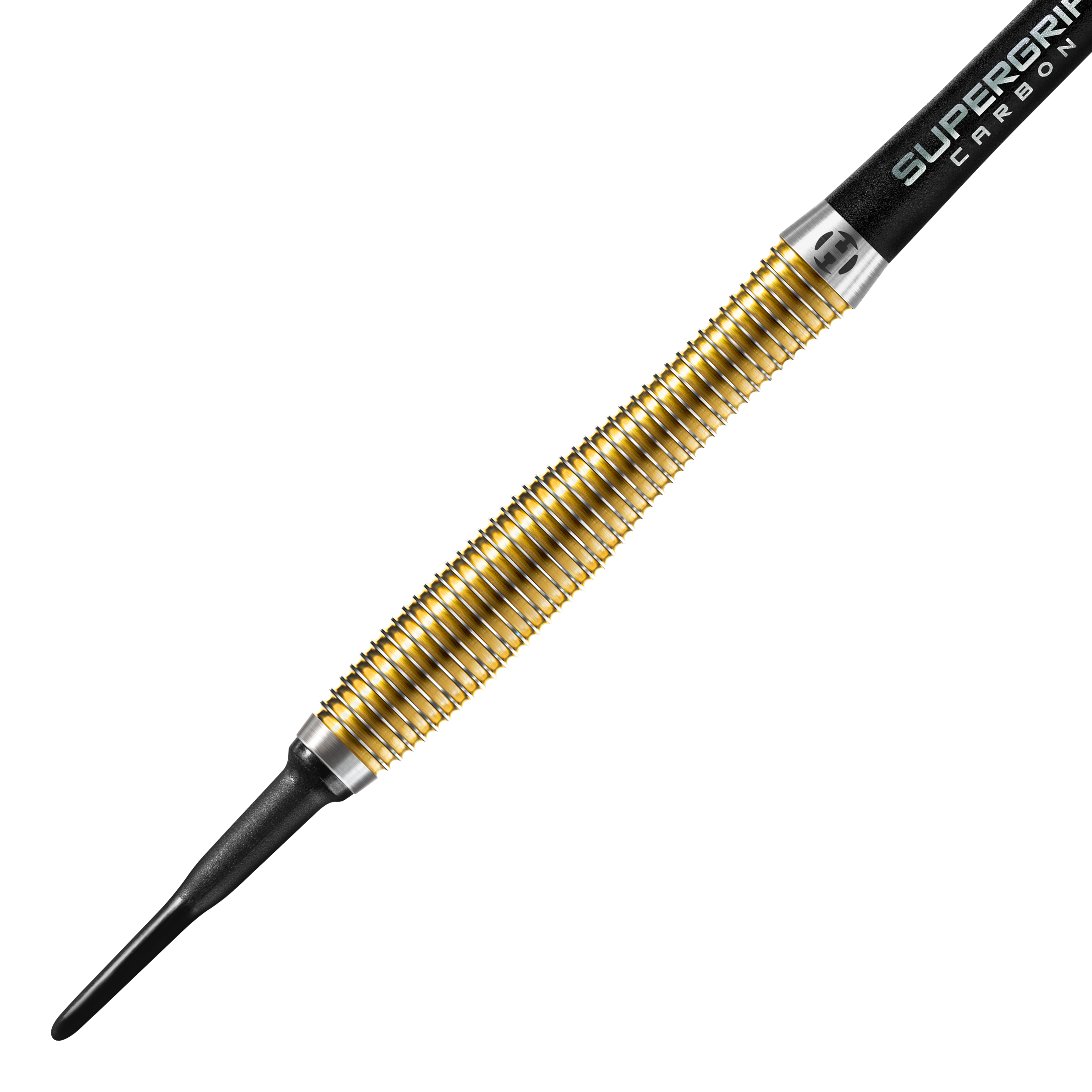 Harrows Anniversary Edition V-Wing Softdarts - 18g Das Bild zeigt einen goldfarbenen Softdart der Marke Harrows, Modell Anniversary Edition V-Wing mit 18g Gewicht. Der Dart hat eine strukturierte Griffzone und eine schwarze Kunststoffspitze.