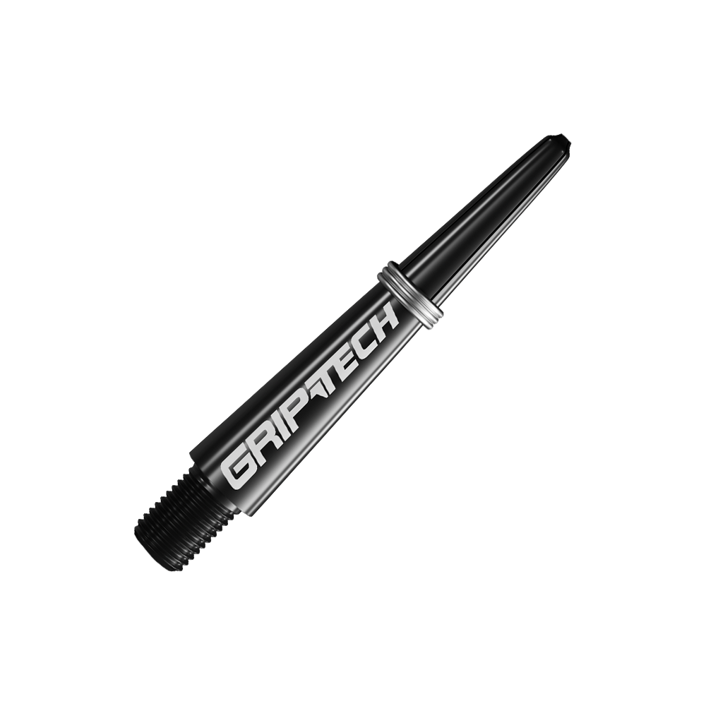 GOAT Griptech Shafts - Schwarz Das Bild zeigt einen schwarzen Dart-Schaft mit der Aufschrift "GRIPTECH". Der Schaft wirkt robust und hat metallische Akzente.