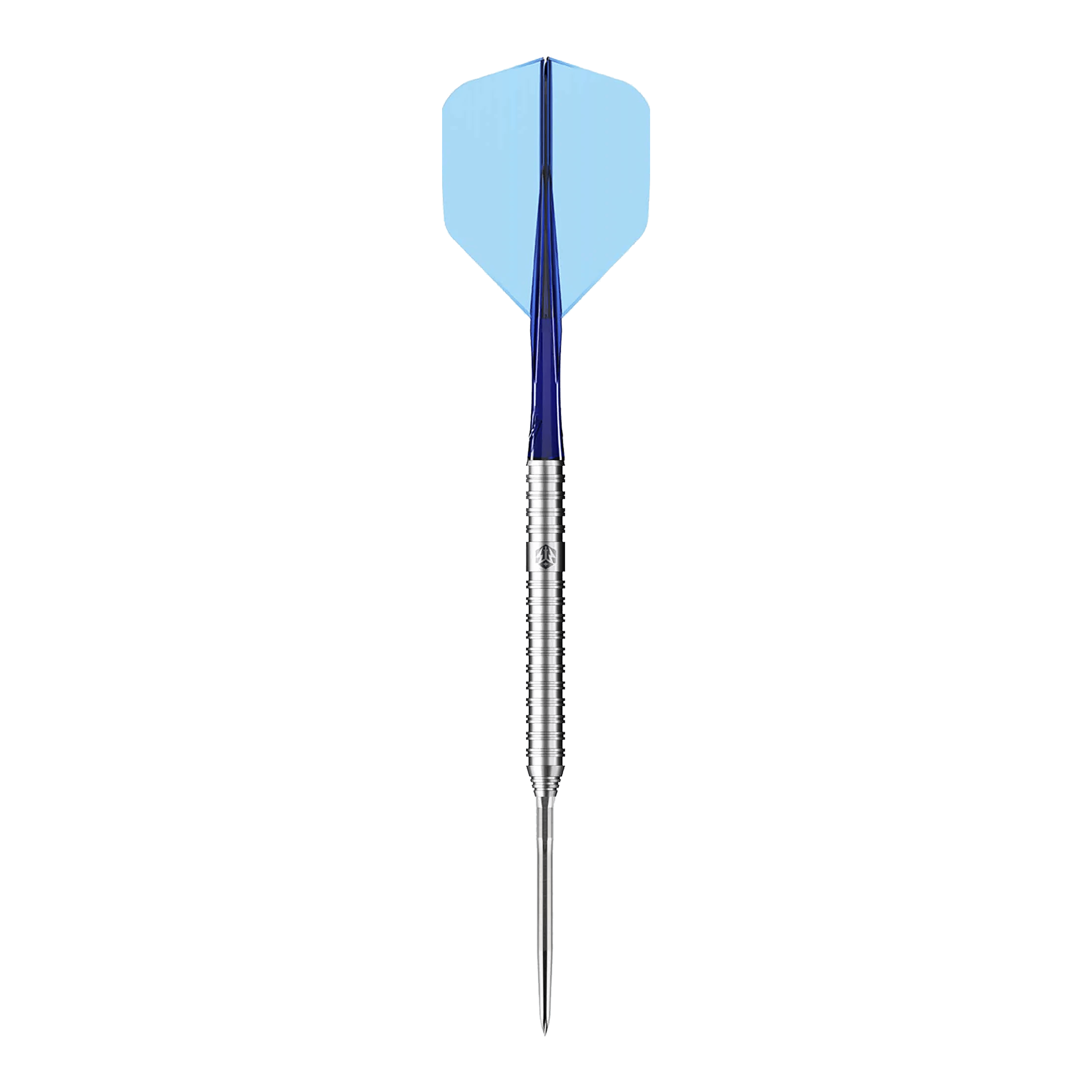 Caliburn Forge F3 Steeldarts - 22g Das Bild zeigt einen Caliburn Forge F3 Steeldart mit einem Gewicht von 22 Gramm. Der Dart hat einen silbernen Schaft, einen blauen Flight und eine spitze Metallspitze.