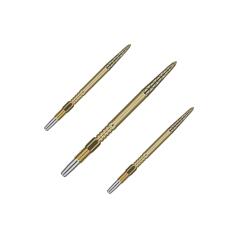Auf dem Bild sind drei goldfarbene Dartspitzen zu sehen. Sie haben ein feines, geriffeltes Muster und eine silberne Spitze am Ende.