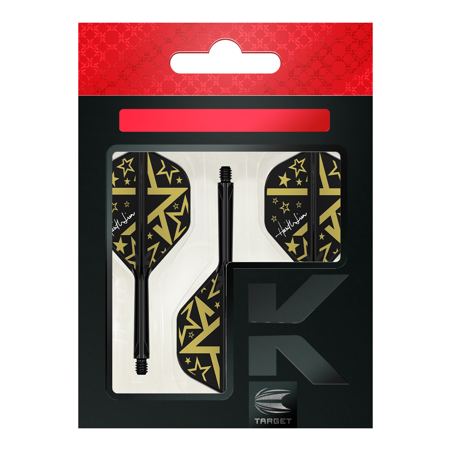 Target Japan K-Flex Hot Shot No2 Standard Flight-Shaft-System Das Bild zeigt das Produkt "Target Japan K-Flex Hot Shot No2 Standard Flight-Shaft-System" in seiner Verpackung. Die Flights und Shafts sind schwarz mit goldenen Sternen und Mustern gestaltet.
