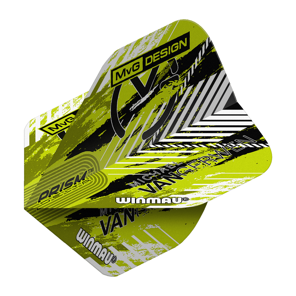 Das Bild zeigt die Winmau Delta Michael Van Gerwen Prism 02 Standard Flights. Sie haben ein auffälliges Design in Gelb, Schwarz und Weiß mit verschiedenen Schriftzügen.