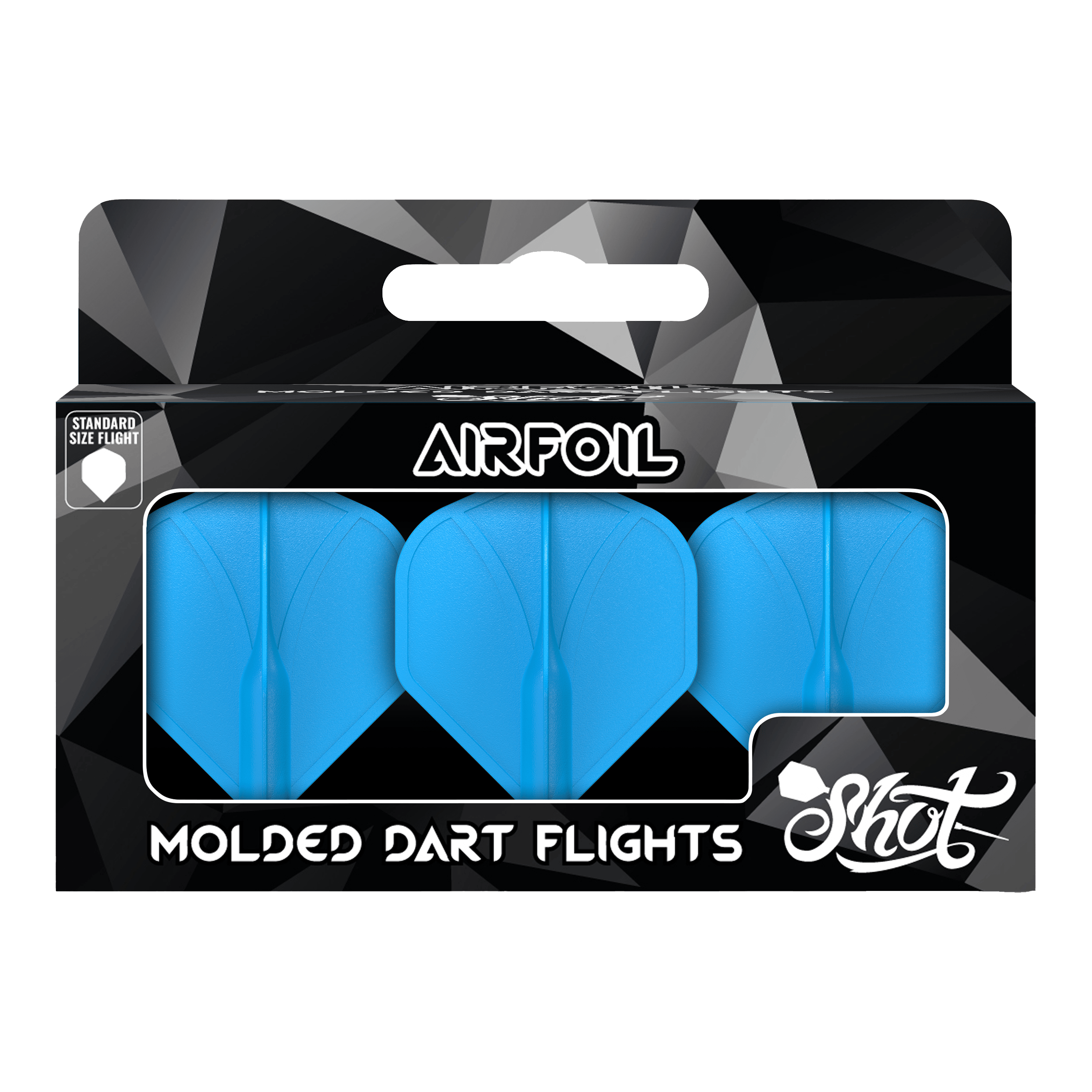 Shot Airfoil Moulded No2 Standard Flights Das Bild zeigt eine Packung mit drei blauen, geformten Dart-Flights der Marke Shot. Auf der Verpackung steht "Airfoil" und "Molded Dart Flights".