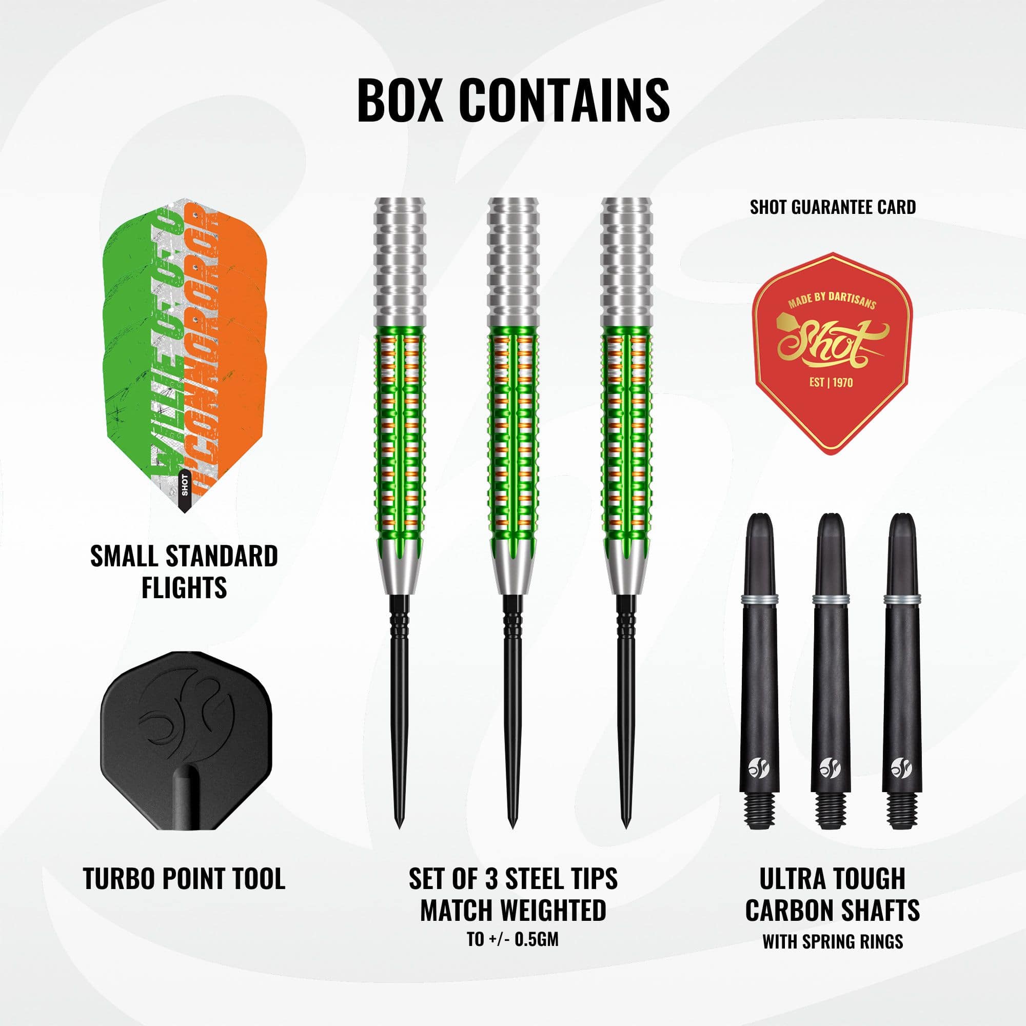 Shot Pro Series Willie O'Connor Turbo Point Steeldarts Shot Pro Series Willie O'Connor Turbo Point Steeldarts sind Dartpfeile mit auffallendem Griffmuster. Das Set liegt nebeneinander.