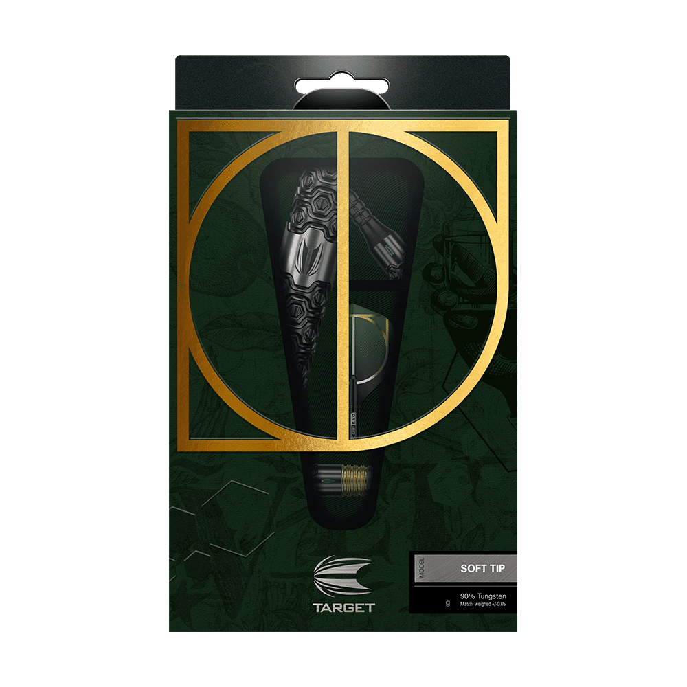 Die Abbildung zeigt die Verpackung der "Target Cult 11 Softdarts". Die Box ist dunkelgrün mit goldenen Designelementen und dem sichtbaren Produkt im Inneren.