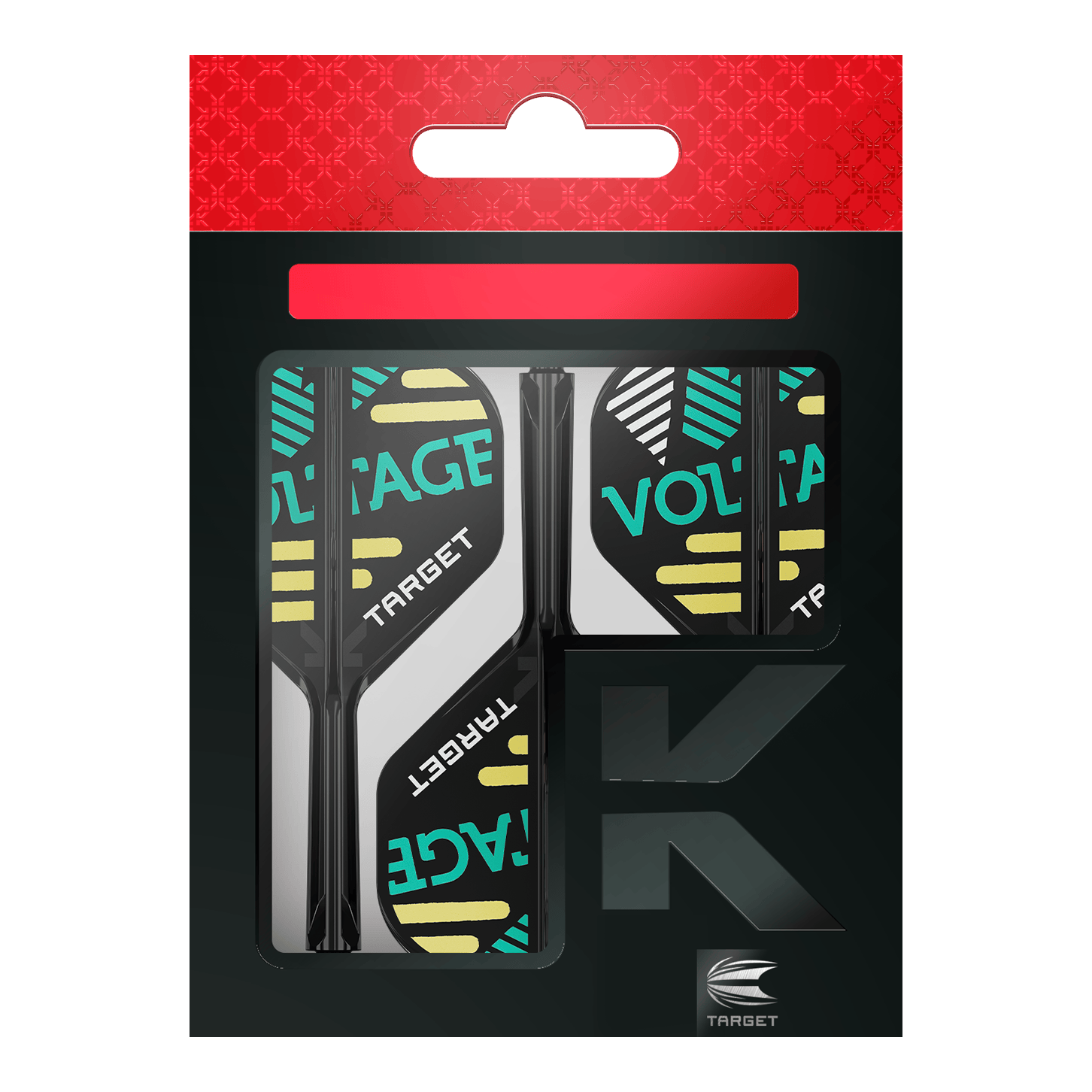 Target K-Flex Rob Cross No2 Standard Flight-Shaft-System Das Bild zeigt eine Verpackung mit Dart-Zubehör der Marke Target. In der Packung sind drei schwarze Flights und Schäfte mit dem Aufdruck "VOLTAGE" zu sehen.