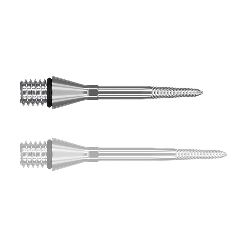 Das Bild zeigt zwei silberne, metallische Dartspitzen mit feinen Gewinden. Sie sind länglich geformt und haben eine konische Verdickung am hinteren Ende.