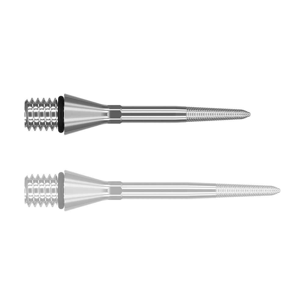 380168_Target_Titanium_Swiss_Point_Nano_Conversion_Points_Silber_26mm_1 Das Bild zeigt zwei silberne, metallische Dartspitzen mit feinen Gewinden. Sie sind länglich geformt und haben eine konische Verdickung am hinteren Ende.