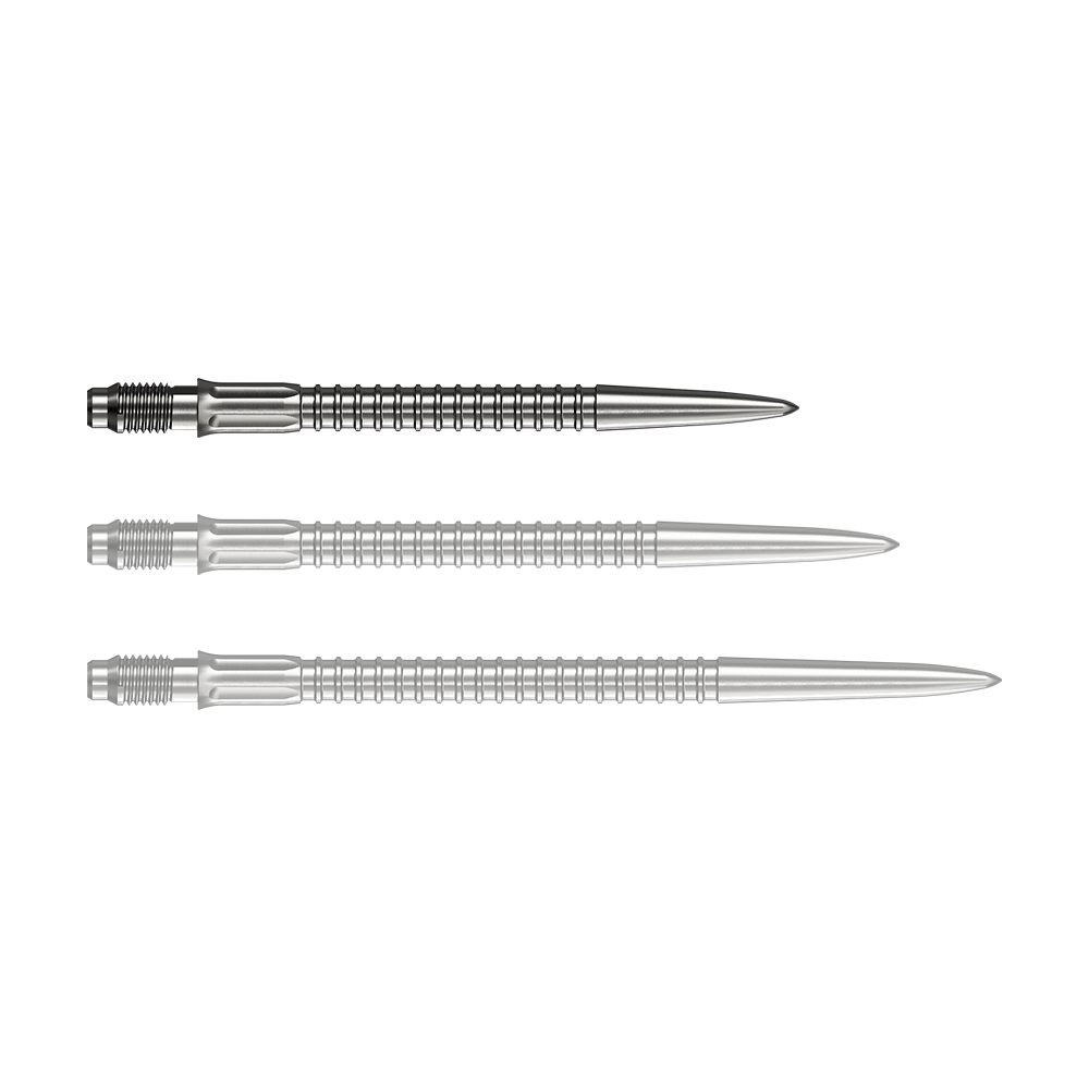 Zu sehen sind Mission R25 Rapid Point GV1 Dartspitzen, silberfarben und 30mm lang. Die Spitzen sind für den Austausch an Darts geeignet.