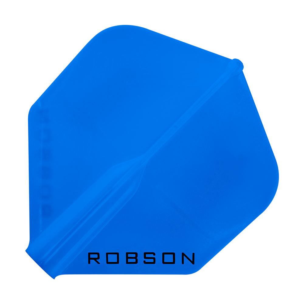 Dies ist ein blaues Dartflight mit der Aufschrift "ROBSON". Es hat eine standardmäßige, rautenförmige Form.
