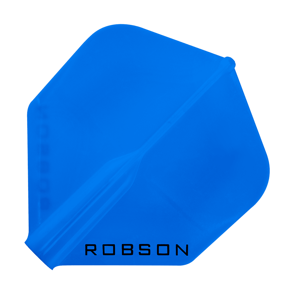Robson Plus Standard Flights Dies ist ein blaues Dartflight mit der Aufschrift "ROBSON". Es hat eine standardmäßige, rautenförmige Form.