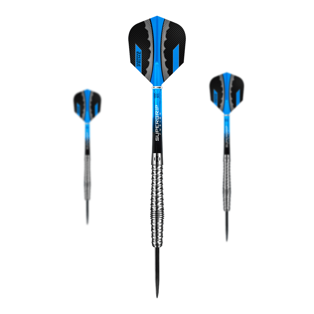 Das Bild zeigt drei Steeldarts des Modells „Harrows RAZR Bulbous 90% Tungsten“. Die Darts haben ein silbernes Griffstück mit blauen und schwarzen Flights.